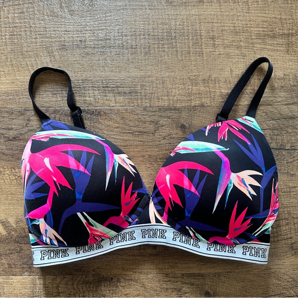 PINK Victoria's Secret Black and Pink Bra with Tropical Print size 34D